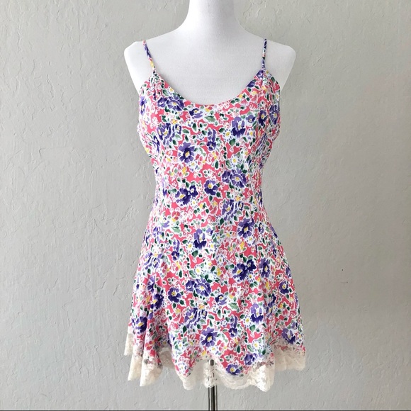Vintage Victoria’s Secret Floral Flare Lace Hem Mini Slip Dress - Picture 1 of 5